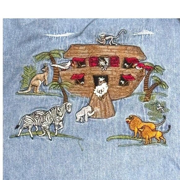 Quizz New York Womens Denim Shirt Embroidered Animal Noahs Ark Church Size 20 - Picture 2 of 6